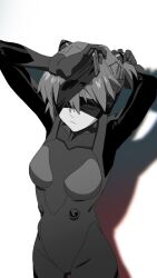 Rule 34 | 1girl, absurdres, bodysuit, breasts, closed mouth, evangelion: 3.0+1.0 thrice upon a time, greyscale, highres, meccha kubiitee, medium breasts, medium hair, monochrome, neon genesis evangelion, pilot suit, plugsuit, rebuild of evangelion, shadow, simple background, solo, souryuu asuka langley, standing, wide hips