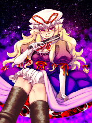 Rule 34 | 1girl, anti-earth bomb, blonde hair, boots, bow, breasts, cleavage, crossed legs, dress, elbow gloves, female focus, folded fan, folding fan, gap (touhou), gloves, hair bow, hand fan, hat, hat ribbon, highres, knee boots, knees, light smile, lips, long hair, medium breasts, multicolored eyes, outdoors, purple eyes, red eyes, ribbon, sitting, sky, solo, touhou, yakumo yukari, yellow eyes