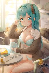 Rule 34 | 1girl, :o, aqua bra, aqua eyes, aqua hair, aqua panties, armchair, backlighting, black ribbon, blush, bouquet, bow, bow bra, bow panties, bowtie, bra, bread, bread slice, breasts, brown cardigan, cardigan, chair, chestnut mouth, cleavage, collarbone, collared shirt, commentary request, cup, cushion, day, dress shirt, emori miku, flower, food, fork, hair ornament, hair ribbon, hand up, highres, holding, holding cup, honey, indoors, jar, kinako (shiratama mochi), knife, light particles, liver city, long hair, long sleeves, looking at viewer, medium breasts, mug, no pants, official art, one side up, open clothes, open shirt, orange flower, orange rose, panties, parted lips, plaid, plaid bow, plaid skirt, plate, pleated skirt, ribbon, ribbon-trimmed bra, rose, rubbing eyes, school uniform, shirt, sitting, skirt, solo, striped ribbon, table, toast, underwear, unworn bowtie, unworn skirt, vase, white flower, white rose, white shirt, window, wing collar, yellow bow