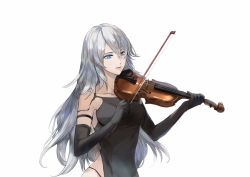 Rule 34 | a2 (nier:automata), android, armlet, black gloves, black tank top, blue eyes, bow (music), breasts, collarbone, elbow gloves, gloves, hair between eyes, holding, holding bow (music), instrument, joints, long hair, medium breasts, mole, mole under mouth, music, nier:automata, nier (series), playing instrument, robot joints, shaokao range, simple background, solo, tank top, violin, white background, white hair