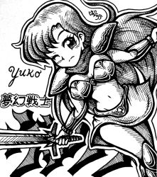 Rule 34 | 1girl, armor, armored boots, asou yuuko, bandana, bikini armor, boots, character name, closed mouth, commentary request, copyright name, eyelashes, gem, greyscale, holding, holding sword, holding weapon, knee boots, long hair, midriff, monochrome, mugen senshi valis, navel, oekaki55baraka, one eye closed, scarf, shoulder pads, stomach, sword, traditional media, very long hair, weapon
