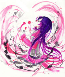 Rule 34 | 1girl, bad id, bad pixiv id, card, colorful, dress, expressionless, gradient hair, inkblot, kotono, long hair, looking up, multicolored hair, paint splatter, profile, purple hair, solo, very long hair