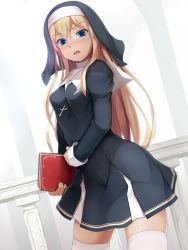 Rule 34 | 1girl, between breasts, black dress, blonde hair, blue eyes, blush, book, breasts, cowboy shot, cross, cross necklace, d:, d:&lt;, dress, dutch angle, eto, eyebrows, habit, hair between eyes, highres, holding, holding book, jewelry, long hair, long sleeves, medium breasts, necklace, nun, open mouth, original, pleated dress, railing, shade, short dress, solo, thighhighs, turtleneck, v-shaped eyebrows, white thighhighs, zettai ryouiki