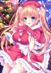 Rule 34 | 1girl, beret, blonde hair, blue flower, bow, breasts, capelet, christmas, christmas ornaments, christmas tree, commentary request, dress, flower, fur-trimmed capelet, fur-trimmed dress, fur-trimmed hood, fur trim, glint, gloves, hair bow, hair flower, hair ornament, hands up, hat, highres, hood, hood down, hooded capelet, indoors, large breasts, long hair, original, red capelet, red dress, red gloves, red hat, santa costume, sideboob, solo, sorai shin&#039;ya, thighhighs, traene (sorai shin&#039;ya), twintails, very long hair, white bow, white thighhighs, window