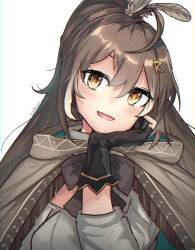 Rule 34 | 1girl, advarcher, ahoge, artist name, black gloves, bow, brown bow, brown cloak, brown eyes, brown hair, cloak, feather hair ornament, feathers, gloves, hair ornament, hairclip, hand on own chin, head tilt, highres, hololive, hololive english, hood, hooded cloak, long hair, multicolored hair, nanashi mumei, open mouth, partially fingerless gloves, ponytail, simple background, smile, solo, streaked hair, very long hair, virtual youtuber, white background