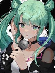 Rule 34 | 1girl, aqua eyes, aqua hair, artist name, clothing cutout, collarbone, commission, eyelashes, fingernails, hatsune miku, highres, holding, holding microphone, hood, hoodie, long hair, looking at viewer, microphone, open mouth, project sekai, shoulder cutout, twintails, vickie (cryingrobot), vocaloid