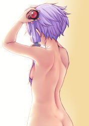 Rule 34 | 1girl, absurdres, arms up, back, back focus, breasts, butt crack, commentary request, completely nude, from behind, gradient background, hair censor, hair ornament, hair over breasts, hair over one breast, highres, nicchi, nude, purple hair, short hair with long locks, sideboob, sidelocks, small breasts, solo, upper body, vocaloid, voiceroid, yellow background, yuzuki yukari