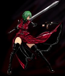 Rule 34 | 1girl, adapted costume, black footwear, black thighhighs, boots, breasts, chain, closed mouth, devil may cry (series), devil may cry 1, dual wielding, full body, green hair, gun, handgun, high heel boots, high heels, holding, holding gun, holding sword, holding weapon, kazami yuuka, large breasts, long sleeves, nelo anjuurou, pistol, plaid, plaid skirt, plaid vest, profile, red eyes, shaded face, short hair, skirt, solo, sword, thigh boots, thighhighs, touhou, vest, weapon