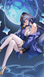 Rule 34 | 1girl, absurdres, alternate costume, bare shoulders, blue hair, blue hood, blue jacket, blush, breasts, cleavage, collarbone, crossed legs, dress, drill hair, drill sidelocks, foot out of frame, full body, genshin impact, globe, gold footwear, gold trim, gradient background, hair between eyes, hand on own face, hand up, head tilt, high heels, highres, hood, hood up, jacket, layla (genshin impact), long bangs, looking at viewer, lunacle, medium breasts, off shoulder, pantyhose, parted lips, pointy ears, ringlets, sidelocks, sitting, sleeveless, sleeveless dress, solo, thighlet, twin drills, white pantyhose, yellow eyes