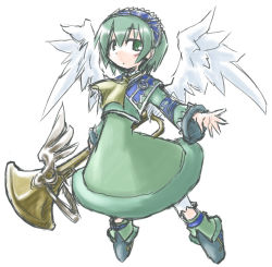 Rule 34 | 1girl, blush, boots, child, dress, flat chest, green eyes, green hair, instrument, kugelschreiber, luminous arc, matching hair/eyes, open mouth, sadie, short hair, simple background, solo, trumpet, white background, wings