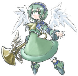 1girl blush boots child dress female_focus flat_chest green_eyes green_hair instrument kugelschreiber luminous_arc matching_hair/eyes open_mouth sadie short_hair simple_background solo trumpet white_background wings