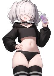 Rule 34 | 1girl, arc 9 (mikoscrub), bell, black hoodie, black panties, black thighhighs, covered eyes, cowboy shot, cropped hoodie, cup, disposable cup, grey hair, grimace shake (meme), hair over eyes, hand on own hip, hands up, highres, holding, holding cup, hood, hoodie, long sleeves, mikoscrub, navel, neck bell, open mouth, original, panties, skindentation, solo, stomach, striped clothes, striped thighhighs, thick thighs, thighhighs, thighs, twintails, underwear