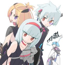 Rule 34 | 2boys, 3girls, ahoge, asclepius priest, blonde hair, blue hair, brown eyes, flip flappers, grey hair, highres, looking back, mechanical arms, multiple boys, multiple girls, nomino, nyunyu, purple eyes, short ponytail, single mechanical arm, sitting on shoulder, smile, tongue, tongue out, toto (flip flappers), translation request, twintails, yayaka, yuyu (flip flappers), | |