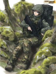 Rule 34 | absurdres, assault rifle, backpack, bag, blue eyes, brown hair, bullpup, camouflage, gun, highres, hood, hood up, load bearing vest, looking at viewer, military, military uniform, muzzle device, original, outdoors, patch, rifle, scope, sitting, tanto (tc1995), tree, trigger discipline, uniform, weapon, weapon request