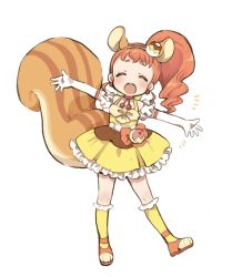 Rule 34 | 10s, 1girl, :d, ^ ^, animal ears, artist request, choker, closed eyes, commentary request, cure custard, dress, earrings, elbow gloves, closed eyes, facing viewer, food-themed hair ornament, frilled dress, frills, full body, gloves, hair ornament, hairband, highres, jewelry, kirakira precure a la mode, kneehighs, large tail, long hair, magical girl, open mouth, orange hair, outstretched arms, ponytail, precure, simple background, smile, socks, solo, spread arms, squirrel ears, squirrel tail, tail, white background, white gloves, yellow socks