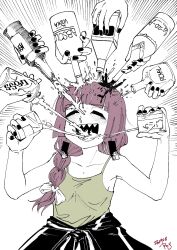 Rule 34 | 6+girls, :d, alcohol, alcohol carton, black nails, blunt bangs, blush, bocchi the rock!, bottle, bow, braid, can, closed eyes, collarbone, commentary, cup, dated, disembodied limb, dress, drinking, drunk, earrings, emphasis lines, fingernails, green dress, hair bow, hair over shoulder, hands up, hiroi kikuri, holding, holding bottle, holding carton, holding cup, jacket, jewelry, long hair, multiple girls, open mouth, pouring onto another, purple hair, radish p, sexually suggestive, sharp teeth, signature, simple background, single braid, smile, solo focus, squirting liquid, teeth, upper body, white background