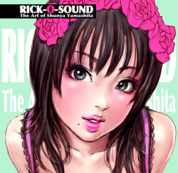 Rule 34 | 1girl, artist name, bare shoulders, black hair, blue eyes, close-up, collarbone, english text, eyelashes, flower, green background, green eyes, hair flower, hair ornament, head tilt, lace, leaning forward, lips, lipstick, long hair, looking at viewer, makeup, mole, mole under mouth, multicolored eyes, original, pink flower, pink lips, pink rose, portrait, rick-o-sound, rose, smile, solo, yamashita shun&#039;ya