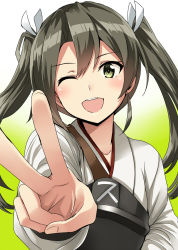 Rule 34 | 1girl, ;d, artist name, commentary request, dated, gradient background, green background, green eyes, grey hair, hair ribbon, highres, japanese clothes, kamelie, kantai collection, long hair, muneate, nontraditional miko, one eye closed, open mouth, ribbon, smile, solo, teeth, twintails, v, white ribbon, zuikaku (kancolle)