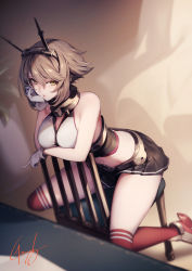 Rule 34 | 1girl, bare shoulders, black skirt, blush, breasts, brown hair, butt crack, chair, cleavage, collar, genyaky, gloves, green eyes, hairband, headgear, highres, kantai collection, large breasts, looking at viewer, metal collar, midriff, miniskirt, mutsu (kancolle), open mouth, radio antenna, red thighhighs, short hair, sitting, skirt, solo, thighhighs, thighs, white gloves