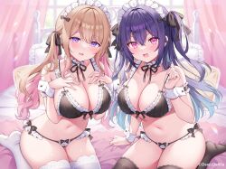 Rule 34 | 2girls, :d, arm strap, bare shoulders, black ribbon, black thighhighs, blonde hair, blush, breasts, collarbone, colored inner hair, commentary request, hair ornament, hair ribbon, hands on own chest, indoors, kneeling, large breasts, long hair, maid, maid headdress, multicolored hair, multiple girls, navel, on bed, open mouth, original, pink eyes, pink hair, purple eyes, purple hair, ribbon, shiono (0303), smile, stomach, thighhighs, thighs, white headwear, white thighhighs