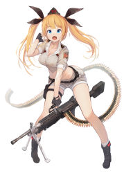 Rule 34 | 1girl, absurdres, ammunition belt, arm up, belt, black gloves, blonde hair, blue eyes, blunt bangs, breasts, cleavage, fang, fingerless gloves, full body, gloves, gun, hair ribbon, hat, highres, holding, holding gun, holding weapon, large breasts, legs apart, long hair, looking at viewer, machine gun, midriff, mk48, open mouth, original, qbase, ribbon, short sleeves, solo, standing, twintails, uniform, weapon, white background