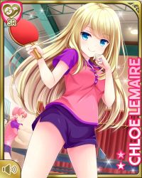 Rule 34 | 3girls, arms up, ball, blonde hair, blue eyes, breasts, character name, chloe lemaire, girlfriend (kari), hand to own mouth, indoors, long hair, multiple girls, official art, paddle, pink shirt, purple shorts, qp:flapper, shirt, short shorts, short sleeves, shorts, smile, sparkle, table tennis, table tennis ball, table tennis net, table tennis paddle