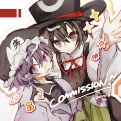 Rule 34 | 2others, :o, arrow (symbol), black coat, black eyes, black hair, black shirt, bow, bowtie, coat, collared shirt, commentary, commission, detached sleeves, english text, enraku tsubakura, eye on hat, frilled hat, frills, ghost, green skirt, hakama, hakama short skirt, hakama skirt, hat, hat ribbon, hiemonn, highres, jacket, japanese clothes, len&#039;en, looking at viewer, lower teeth only, mob cap, money bag, multiple others, off shoulder, open mouth, outstretched hand, purple eyes, purple hair, purple jacket, purple trim, red bow, red bowtie, red ribbon, ribbon, ribbon-trimmed coat, ribbon trim, shirt, shitodo kuroji, short hair, signature, single bare shoulder, skirt, sleeveless, sleeveless coat, smile, sparkle, sun, symbol-only commentary, tabi, teeth, top hat, triangular headpiece, upper body, white background, white shirt, white sleeves, white trim, wide sleeves