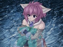 Rule 34 | 1girl, animal ears, bare shoulders, brave soul, breast hold, breasts, cat ears, empty eyes, fur, game cg, knees to chest, hugging own legs, marin (brave soul), mogudan, night, outdoors, red hair, short hair, sitting, solo, tattoo, water, wet