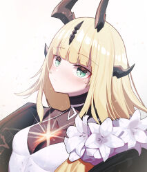 Rule 34 | 1girl, absurdres, arknights, beudelb, blonde hair, blush, breasts, commentary request, dress, flower, green eyes, grey background, highres, horns, long hair, looking at viewer, reed (arknights), reed the flame shadow (arknights), small breasts, solo, upper body, white dress, white flower