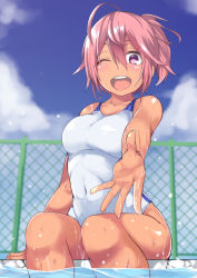 Rule 34 | ;d, blue eyes, bokutachi wa benkyou ga dekinai, breasts, cloud, competition swimsuit, covered navel, dark skin, day, fence, hair between eyes, large breasts, looking at viewer, medium breasts, naka kwanishi, one-piece swimsuit, one eye closed, open mouth, outdoors, outstretched arm, pink hair, pool, poolside, purple eyes, short hair, side ponytail, sitting, sky, smile, soaking feet, swimsuit, takemoto uruka, water, wet, white one-piece swimsuit