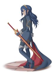 Rule 34 | 1girl, absurdres, blue eyes, blue footwear, blue gloves, blue hair, boots, cape, unworn cape, fingerless gloves, fire emblem, fire emblem awakening, from behind, full body, gloves, highres, holding, holding cape, holding clothes, holding sheath, ikonaska, long hair, long sleeves, looking at viewer, looking back, lucina (fire emblem), nintendo, open mouth, sheath, sheathed, solo, sword, symbol in eye, thigh boots, tiara, weapon, white background