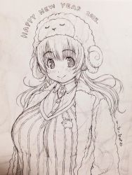 Rule 34 | 10s, 1girl, 2015, blush, breasts, happy new year, headphones, huge breasts, looking at viewer, monochrome, new year, nitroplus, plump, smile, solo, super pochaco, tsuji santa, twintails