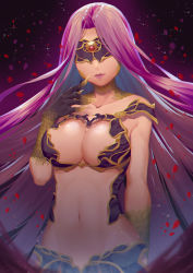Rule 34 | 1girl, arm at side, bare shoulders, blindfold, breasts, cleavage, cleavage cutout, closed mouth, clothing cutout, collarbone, covered eyes, expressionless, facing viewer, fate/grand order, fate (series), finger to mouth, fingernails, glint, gorgon (fate), gradient background, highres, large breasts, lips, long fingernails, long hair, medusa (fate), medusa (rider) (fate), navel, parted bangs, petals, purple background, purple hair, revealing clothes, rider, scales, sharp fingernails, solo, sparkle, stomach, straight hair, upper body, very long hair, wenz