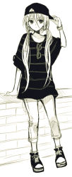 Rule 34 | 1girl, adjusting clothes, adjusting headwear, anzu (o6v6o), backwards hat, baseball cap, bracelet, brick wall, capri pants, casual, expressionless, eyewear hang, full body, glasses, greyscale, hair between eyes, hat, ia (vocaloid), jewelry, long hair, monochrome, on wall, oversized clothes, oversized shirt, pants, sepia, shirt, shoes, sitting, sketch, sneakers, solo, striped clothes, striped shirt, twintails, unworn eyewear, vocaloid