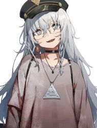 Rule 34 | 1girl, braid, brown shirt, choker, copyright request, glasses, grey eyes, grey hair, hat, head tilt, highres, jewelry, long hair, long sleeves, looking at viewer, loose clothes, loose shirt, military hat, necklace, open mouth, sharp teeth, shirt, single braid, smile, solo, teeth, waterkuma