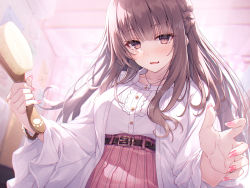 Rule 34 | 1girl, belt, belt buckle, blush, braid, brown belt, brown eyes, brown hair, buckle, from below, hair brush, hasumi (hasubatake39), high-waist skirt, highres, holding, holding brush, indoors, jacket, jewelry, long hair, long sleeves, looking at viewer, nail polish, necklace, open clothes, open jacket, original, parted lips, pink nails, pink skirt, shirt, skirt, solo, underwear, white jacket, white shirt, wide sleeves