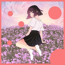 Rule 34 | 1girl, absurdres, black eyes, black hair, black skirt, bob cut, border, bright pupils, dhjs 0010, flower, from behind, hair ornament, hairclip, highres, looking at viewer, original, plant, pleated skirt, purple flower, red border, shirt, shirt tucked in, shoes, short hair, short sleeves, skirt, smile, solo, surreal, white footwear, white pupils, white shirt