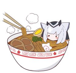 Rule 34 | 1girl, arknights, bowl, chopsticks, commentary, egg, egg (food), english commentary, food, kamaboko, kurotofu, meat, narutomaki, noodles, owl ears, owl girl, ptilopsis (arknights), ramen, short hair, simple background, solid circle eyes, solo, white background, white hair