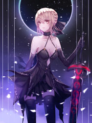 Rule 34 | 1girl, absurdres, artoria pendragon (all), artoria pendragon (fate), bad id, bad pixiv id, black bow, black gloves, black skirt, black thighhighs, blonde hair, bow, braid, braided bun, breasts, choker, cleavage, collarbone, domi (hongsung0819), elbow gloves, excalibur morgan (fate), fate/stay night, fate (series), formal, gloves, hair between eyes, hair bow, hair bun, halterneck, highres, holding, holding sword, holding weapon, huge filesize, looking at viewer, miniskirt, pleated skirt, saber alter, short hair, skirt, skirt suit, solo, standing, suit, sword, thighhighs, weapon, yellow eyes, zettai ryouiki
