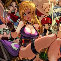Rule 34 | 1girl, alex ahad, blonde hair, blue eyes, breasts, choker, cleavage, dress, fingerless gloves, garou mark of the wolves, gloves, gold bracelet, jenet behrn, large breasts, long hair, looking at viewer, one eye closed, purple dress, smile, snk, the king of fighters, thigh strap, tongue, tongue out