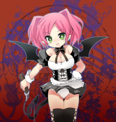 Rule 34 | 1girl, bare shoulders, bat wings, breasts, cleavage, demon, demon tail, green eyes, kamiyoshi rika, large breasts, leash, maid, ojousama (kamiyoshi), open mouth, original, panties, pink hair, pointy ears, solo, tail, thighhighs, twintails, underwear, uniform, wings, wrist cuffs