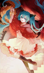 Rule 34 | 1girl, :d, arm up, blue eyes, blue hair, blue nails, boots, bow, bowtie, brown footwear, capelet, clock, dagger, dress, half-closed eye, hatsune miku, heart, heart print, highres, holding, holding dagger, holding knife, holding weapon, knife, light particles, long hair, looking at viewer, nail polish, open mouth, red bow, red bowtie, red capelet, single tear, smile, solo, standing, standing on one leg, teeth, twintails, upper teeth only, vocaloid, weapon, white dress, yugi yuzu