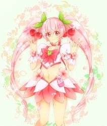 Rule 34 | 10s, 1girl, alternate color, apple, bad id, bad pixiv id, brooch, cherry, choker, cure sunshine, floral background, food, food-themed hair ornament, fruit, hair ornament, heart, heart brooch, heartcatch precure!, highres, jewelry, korinda, leaf, long hair, midriff, miyuta, myoudouin itsuki, navel, pink eyes, pink hair, precure, smile, solo, twintails