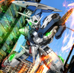 Rule 34 | 00s, city, day, exia, glowing, glowing eyes, gn drive, green eyes, gundam, gundam 00, gundam exia, hiropon (tasogare no puu), light particles, mecha, no humans, photo background, robot, shield, sky, solo, sparks, sword, weapon