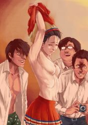 Rule 34 | 1girl, 3boys, abs, breasts, brown hair, camera, cheerleader, closed eyes, forced, humiliation, multiple boys, nipples, skirt, tears, tomoshiki, toned, undressing