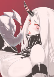 Rule 34 | 10s, 1girl, abyssal ship, breasts, claws, detached sleeves, eating, female focus, horns, kantai collection, large breasts, long hair, looking at viewer, monochrome, open mouth, pale skin, red eyes, seaport princess, sensen, sideboob, single horn, solo, tongue, tongue out, white hair