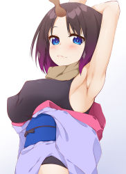 Rule 34 | 1girl, armpits, arms up, bare arms, bare shoulders, black hair, black leotard, blue eyes, blush, breasts, brown scarf, closed mouth, commentary request, covered erect nipples, dragon horns, elma (maidragon), gradient background, gradient hair, grey background, hinata masaki, horns, japanese clothes, kimono, kobayashi-san chi no maidragon, leotard, looking at viewer, medium breasts, multicolored hair, obi, parted bangs, purple hair, purple kimono, sash, scarf, single horn, solo, upper body, white background