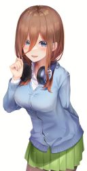Rule 34 | 1girl, :d, absurdres, blue cardigan, blue eyes, blush, breasts, brown hair, cardigan, collared shirt, commentary request, dress shirt, go-toubun no hanayome, green skirt, hair between eyes, hand up, headphones, headphones around neck, highres, large breasts, long hair, long sleeves, looking at viewer, nakano miku, open mouth, pleated skirt, school uniform, shirt, sidelocks, simple background, skirt, smile, solo, standing, sweater, white background, white shirt, yuunamida uyu