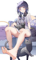 Rule 34 | 1girl, absurdres, arm support, bare legs, barefoot, black cat, blue eyes, blunt bangs, blush, cat, commentary request, couch, extra ears, feet, foreshortening, full body, hair ornament, headphones, headphones around neck, highres, hololive, hololive english, legs, looking at viewer, medium hair, mole, mole under eye, ninomae ina&#039;nis, ninomae ina&#039;nis (loungewear), open mouth, oversized clothes, oversized shirt, pero (peroneko0510), pointy ears, purple hair, shiny skin, shirt, short sleeves, sidelocks, simple background, sitting, soles, solo, spread toes, t-shirt, takodachi (ninomae ina&#039;nis), teeth, thighs, toenails, toes, upper teeth only, virtual youtuber, white background