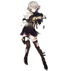 Rule 34 | 1girl, artist request, black footwear, black gloves, black thighhighs, boots, breasts, brown hair, eotech, full body, girls&#039; frontline, gloves, gun, high heels, holding, holding weapon, holster, kriss usa, kriss vector, looking at viewer, magazine (weapon), magpul, medium breasts, official art, sa (h28085), shirt, short hair, sideboob, silver hair, skirt, solo, submachine gun, tdi vector, thigh holster, thigh strap, thighhighs, torn clothes, torn shirt, torn skirt, torn thighhighs, transformational defense industries, transparent background, trigger discipline, vector (girls&#039; frontline), weapon